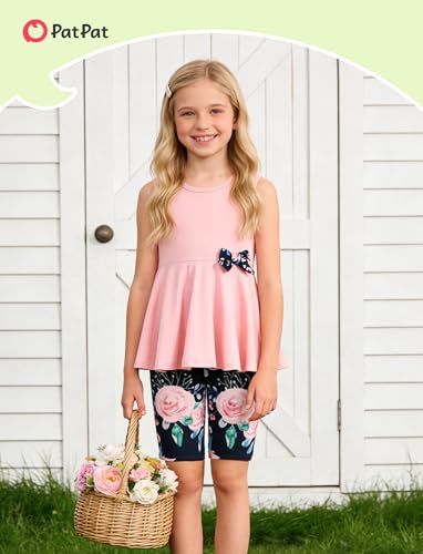 Image of PATPAT Girls Summer 2 Piece Outfits 4-12Y Butterfly Bow Sleeveless Tunic Tops and Floral Print Shorts Cute Clothes
