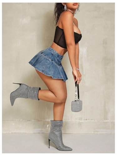 MakeMeChic Women's Pleated A Line Jean Skirts Zip Up Flared Hem Summer Mini Denim Skirt4