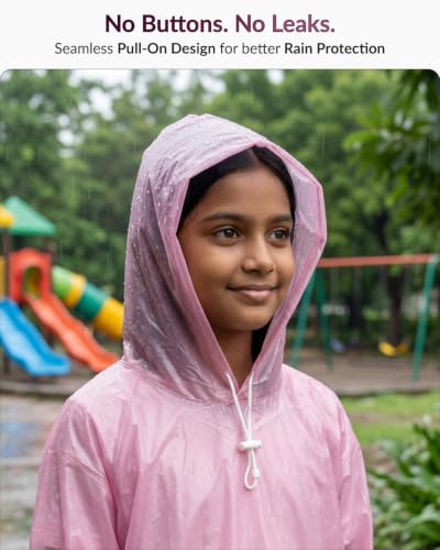 Image of Destinio Raincoat for Kids 6-12 Years, Waterproof Poncho for Kids, Thick PVC Knee Length Raincoat for Boys, Full Sleeve, Hood with Drawstring, Reusable Rain Coat for Girls, School Children