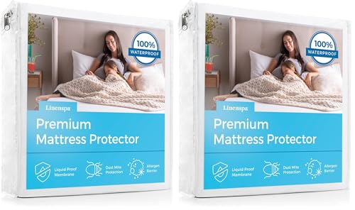 Image of Linenspa Waterproof Mattress Protector, King Size - Fitted Sheet Style, Breathable, Machine Washable & Dryer Safe, White (Pack of 2)