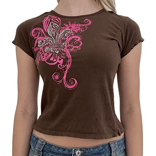 Image of Yassiglia Women Y2K Vintage Graphic Tops Summer Short Sleeve Crew Neck Shirt Goth Punk Crop Top Slim Fit Baby Tees Grunge Aesthetic Clothes for Girls (Brown, M)