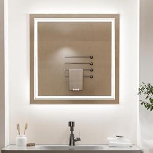 LUVODI Espejo Bano Led Cuadrado: 80x80 Espejos Baño Pared Antivaho Retroiluminado 80x80cm con Doble Fuente de Luz Led Interruptor Tactil Inteligente sin Marco para Maquillaje Cuardo de Baño Lavavo