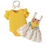 LUVCES Neugeborenes Baby Mädchen Röcke Sets Kurzarm Rüschen Top + Bedrucktes Overalls Hosenträger Kleid + Stirnband Sommer Kleidung Outfits Set Gelbe Biene 6-12 Monate