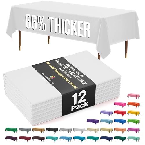 Exquisite 66% Thicker Premium Plastic Table Cloth Rectangle Table Cover 0.5 Mil 12 Pack White Table Cloth 54 Inch x 108 Inch Disposable Tablecloth Won't Tear Easily Like Cheap Thin Brands