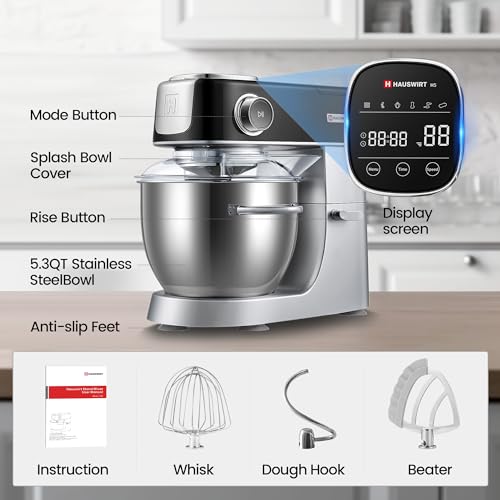 Hauswirt-High-End-Smart-Stand-Mixer-M5-LED-Touchscreen-Mixers-Kitchen-Electric-Stand-Mixer-with-5-Preset-Menus-53Qt-Dough-Mixer-11speeds-Kitchen-Mixer-with-Egg-Whisk-Dough-Hook-Beater-Black
