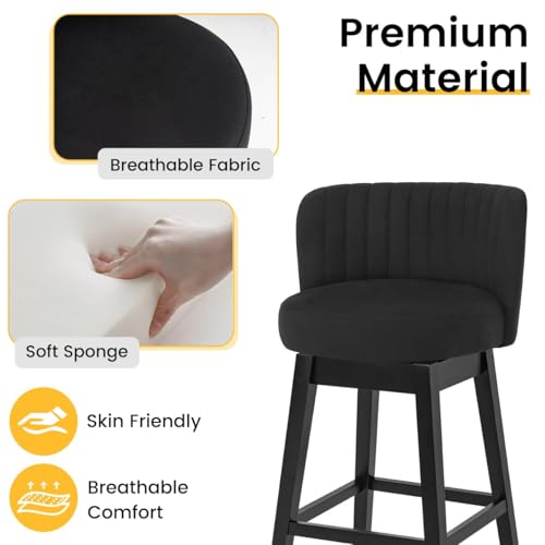Image of COCO DESIGN Swivel Bar Stools Set of 2, 24 inch Counter Height Mid Century Modern Barstools with Back, Linen Upholstered Seat and Solid Wood Legs, for Bar Kitchen Island, Mysterious Black