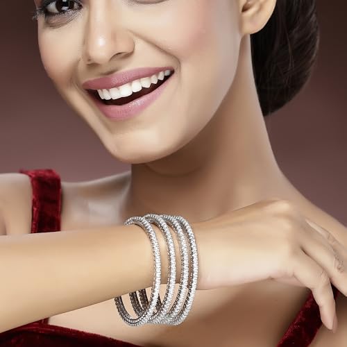 Image of ZENEME Jewelry Rhodium Plated Brass Silver Toned Set Of 4 American Diamond Gold Plated Bangles For Women and Girls
