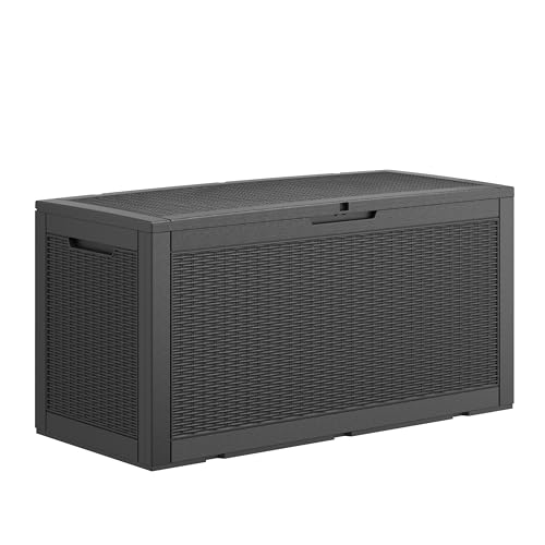 LHBGO 100 Gallon Deck Box Lockable Rattan Outdoor Storage Box waterproof Outdoor Container for Patio Furniture Cushions, Pillow