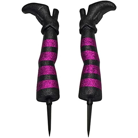 Cackle & Co Witch Legs Halloween Decoration Purple Black Glitter Garden Stakes 45cm Cover