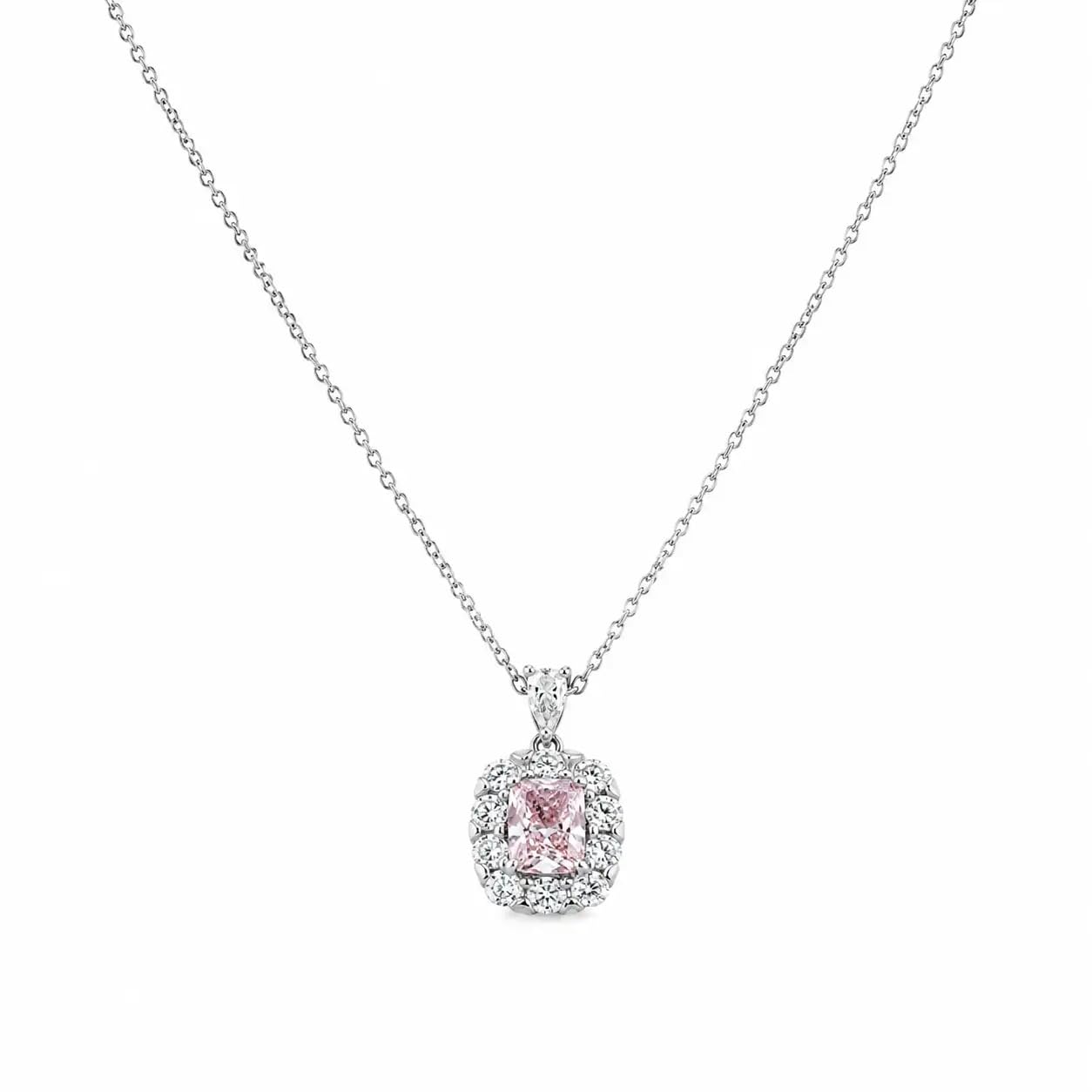the sterling shop Affinity Blush 925 Sterling Silver Rhodium Necklace for Women | Radiant-Cut Blush Pink AAA Cubic Zirconia Cushion Halo Pendant with Teardrop Accent Chain | Anniversary Birthday Jewelry Gift for Girlfriend, Sister, Wife-picture-24
