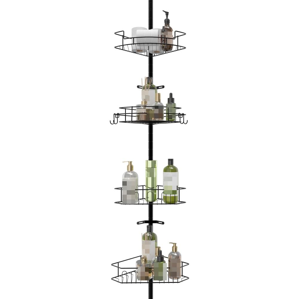 Corner Shower Caddy with Tension Pole 4 Adjustable Storage Baskets Space-Saving Shower Organizer for Bathroom Black