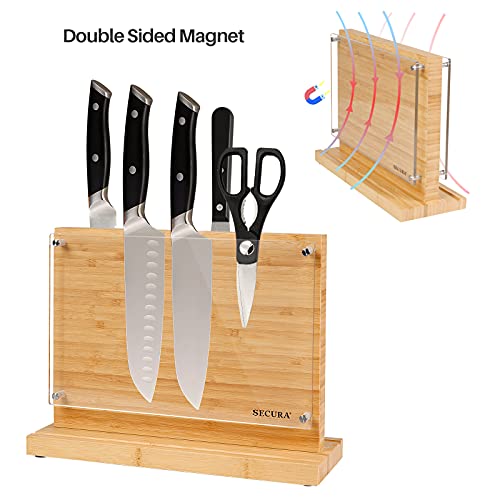 Secura Magnetic Knife Block, Bamboo Knife Stand, Double Side Knife Holder, Kitchen Multifunctional Storage With Transparent Acrylic Protection Shield,12 Inch #TOP2