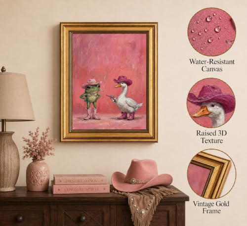 Image of Gold Framed 3D Textured Wall Art, Funny Pink Cowboy Frog and Duck Canvas Prints, Quirky Dopamine Western Animal Pictures Decor, Eclectic Cowgirl Artwork for Bathroom Dorm Bedroom 16x24inch