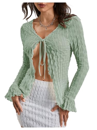 Image of Milumia Women's Y2K Textured Mesh Cardigan Shrug Tie Front Tops | Lettuce Trim , Long Sleeve, Open Front, Sheer, Flared, Club Party, Going Out, Rave, Cover Ups
