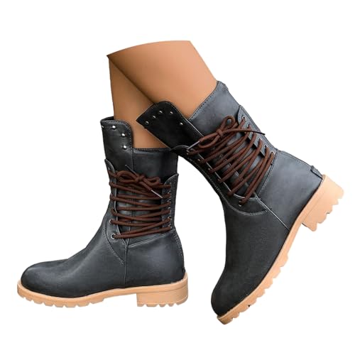 Mid Calf Boots for Women Low Chunky Block Heel Western Slouchy Ankle Cowboy Short Booties Side Zipper Lace Up Fashion Motorcycle Riding Booties Comfortable Warm Fall Winter Boots Shoes (c-Grey, 7)
