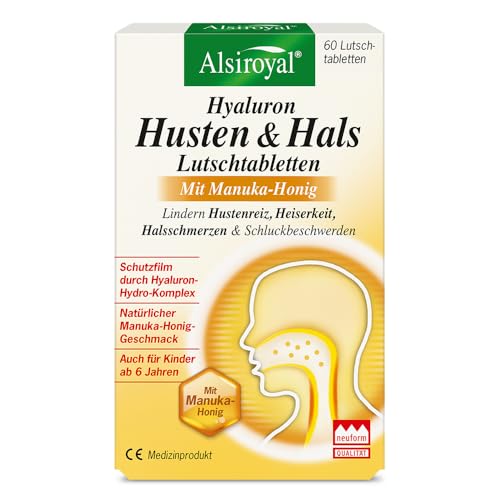Alsiroyal Hyaluron Husten & Hals Lutschtabletten, 60 Stk. - bei Hustenreiz & Heiserkeit - Mit Hyaluron-Hydro-Komplex & Manuka-Honig - natürlicher Geschmack, für Erwachsene & Kinder ab 6 Jahren