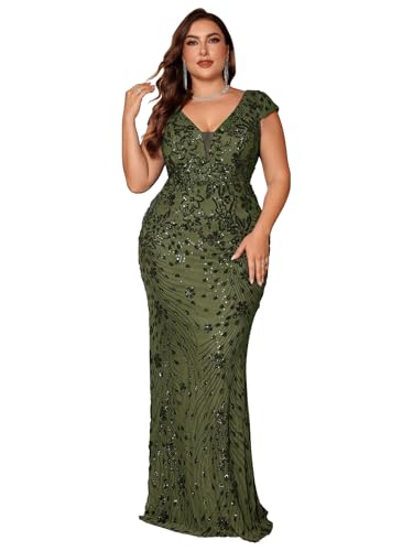 Image of Plus Size Womens Sequined Long Evening Gown Glamous Sleeveless V-Neck Mermaid Prom Dress for Wedding Party