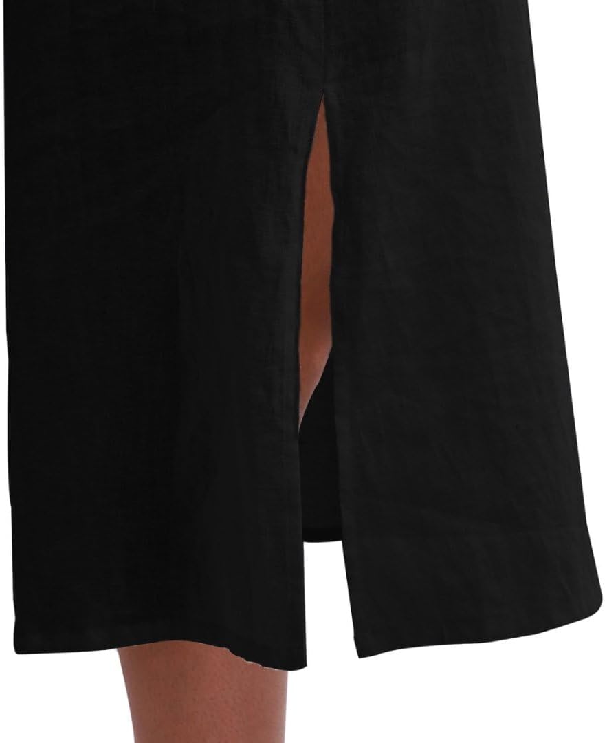 Amazhiyu Women's Pure Linen Long Sleeve Button Down Split Midi Dress with Belt - Image 5