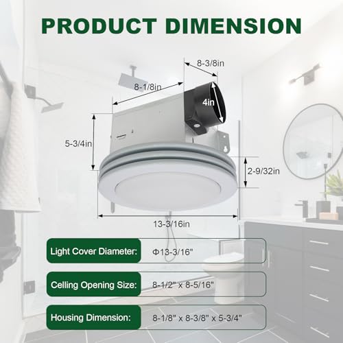Image of Akicon Bathroom Exhaust Fan with Light, 80CFM 2.0 Sones Round Bathroom Fan Light Combo, Dimmable 3CCT LED with Acrylic Cover for Medium Room (Satin White)
