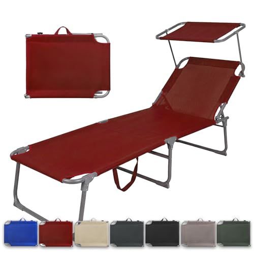 Montafox Sonnenliege klappbar 195 x 60 x 34 cm tragbarer Liegestuhl bis 150 kg mit Sonnendach Verstellbarer Rückenlehne für Garten Pool Terrasse Strand Farbe:dunkelrot