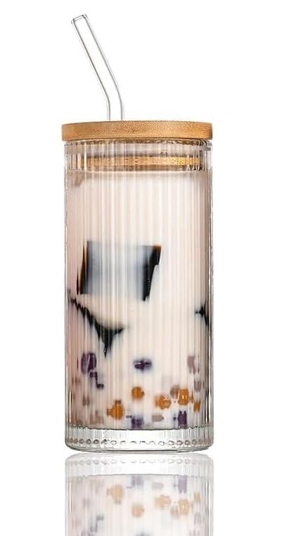 Image of Kamvy Reusable Glass Coffee Tumbler with Bamboo Lid and Straw Pack of 1, 400ml Multipurpose Drinking Glasses Travel Sipper for Juice Water Smoothies Cocktail Mugs (Linning)