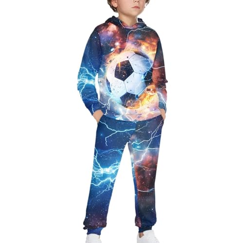 Renewold Soccer Galaxy Space Fashion Pullover Hooded Sweatshirt & Sweatpants 2pcs Outfits Set Size 8-9 Years