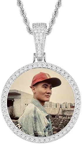 YIMERAIRE Memory Pendant Necklace Personalized Picture Pendant Round Photo Necklace Tennis Chain with Pendant for Men July Decoration Hip Hop Jewelry