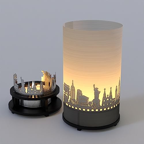 New York Premium Geschenkbox – Motivkerze mit Silhouette und Skyline Projektion für New York Fans – Souvenir, Geschenk, Deko – Einzigartiges Schattenspiel