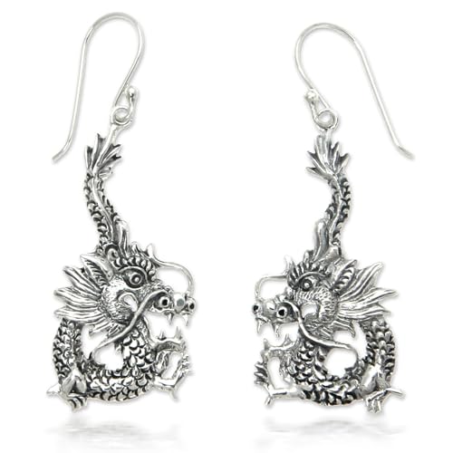 NOVICA Artisan Handmade .925 Sterling Silver Dangle Earrings Indonesia Animal Themed 'Dragon Splendor'