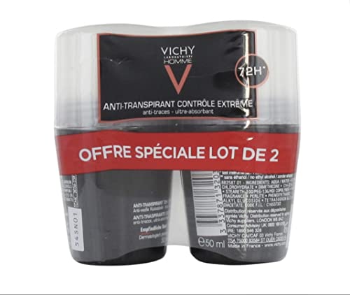 Vichy Deodorante per uomo, Clinical Control 96H, Roll-on, Antiodori, Antibatterico, Senza Alcol, Ipoallergenico, Tutti i tipi di pelle, 2 x 50ml