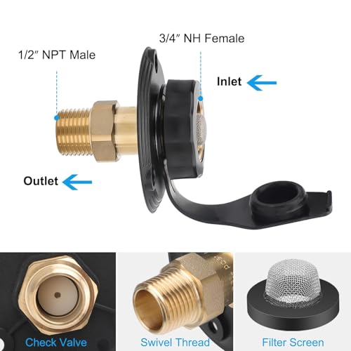 Image of Linkstyle RV City Water Fill Inlet Flange Brass with Check Valve 90 Hose Elbow, RV Water Inlet Connection for Camper Marine