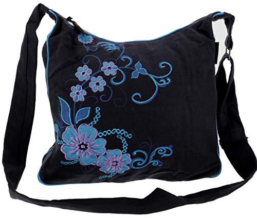 Guru Shop Geräumige Schultertasche, Hippie Tasche, Goa Tasche - Schwarz/Türkis, Herren/Damen, Baumwolle, Size:One Size, 34X37X12 Cm, Alternative Umhän
