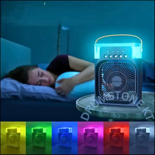 Image of DRUMSTONE Portable USB Air Cooler Fan with Water Tank, Personal Desk Cooling Fan with 3 Fan Speeds, 5 Mist Modes, LED Night Light for Home, Office & Travel