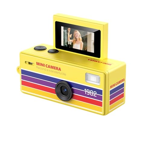 Cámara de fotos con pantalla desplegable, flash y soporte de tarjeta en color amarillo limón