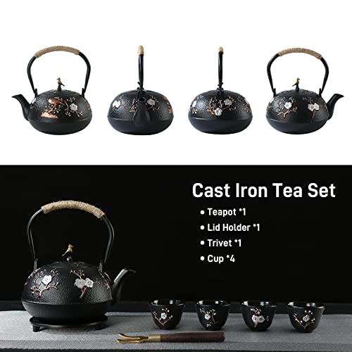Sechudo Tea Set Tea Kettle Japanese Style Beautiful Black Cast Iron Teapot Set With 4 Cups,1 Trivet And 1 Lid Holder,40.6Oz Teapot With Infuser For Stove Top Safe #TOP3