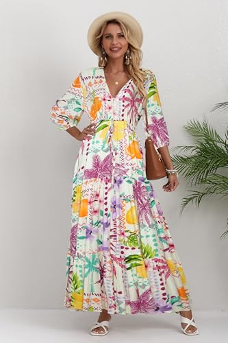 Image of Women Short Sleeve V Neck Floral Print Casual Bohemian Maxi Dresses