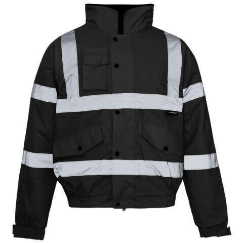 Image of Step Ahead Mens Hi Vis Black Waterproof Bomber Jacket Safety Work Wear Hi Vi Reflective Tape Security (as8, alpha, s, regular, regular)