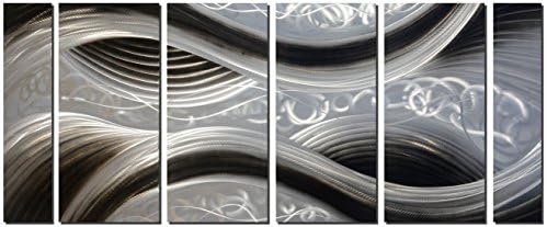 Handcrafted Abstract Metal Wall Art with Soft Color, Large Scale Decor in Black Line Design, 3D Artwork for Indoor Outdoor Wall Decorations, 6-Panels Metal Art Measure 24"x 65"