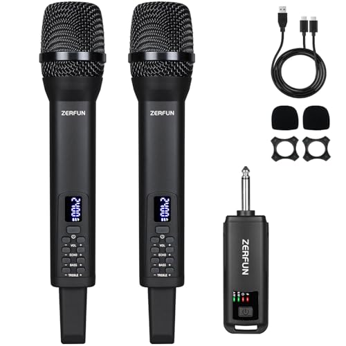 ZERFUN Rechargeable Wireless Microphones Dual, Pro Handheld Cordless Mics System Dynamic with Echo Treble BASS VOL Control for Karaoke Singing Church Party, 1/4'' Output, D240, Black