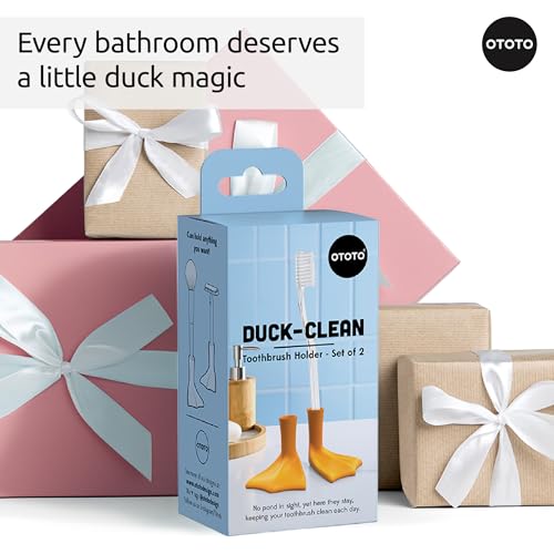 OTOTO Clean Duck Zahnbürstenhalter 2er-Set – Lustige Entenfüße Badezimmer-Organizer mit Saugnapf – Wichtelgeschenke für Erwachsene – Make-up-Pinselhalter & Bad-Accessoires – Gelb