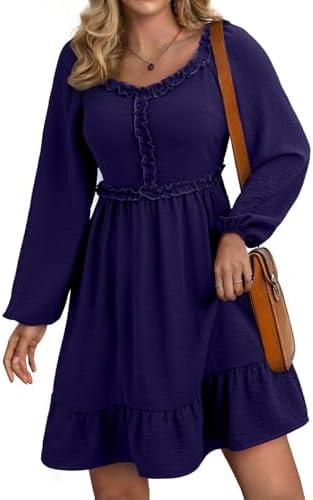 Dokotoo Womens Dresses 2025 Long Sleeve Empire Waist Ruffle Smocked Casual Mini Dress