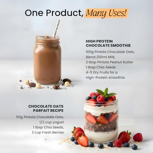 PINTOLA 25g High Protein Oats 400g, Dark Chocolate,No Refined Sugar, with Almonds Raisin, Pumpkin and Chia Seeds, 8g Fibre, Rolled Oats for weight loss, Breakfast Cereals | Gluten Free