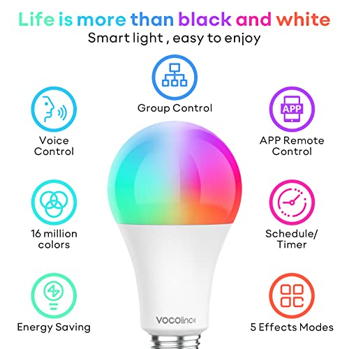 VOCOlinc Smart Light Bulb Works with Apple Homekit, Alexa, Google Home, Full Color Changing WiFi LED Bulbs, 850 Lumens Dimmable Multicolor 2200K-7000K, A21, 9.5W, 2 Pack