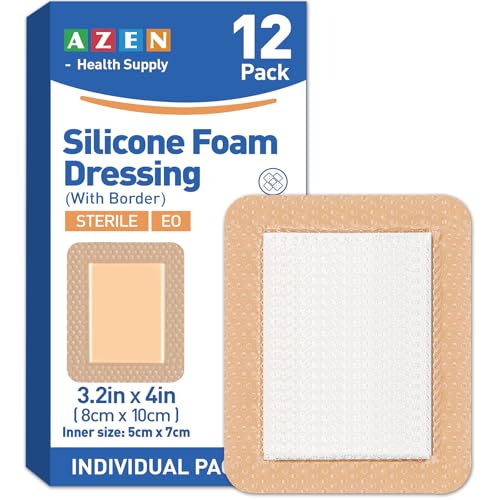 Image of AZEN 12 Pack Silicone Foam Dressing, 3.2 inch X 4 inch Waterproof Silicone Bandages with Border Adhesive, Large Bandages for Wounds, Self Adhesive Wound Care and Dressings