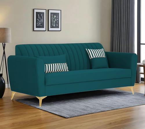 Image of Adorn India Premium Luster 3 Seater | Velvet Suede Fabric | 3-Year Warranty | Color Ocean Blue with Golden Legs & Striped Pattern Cushion