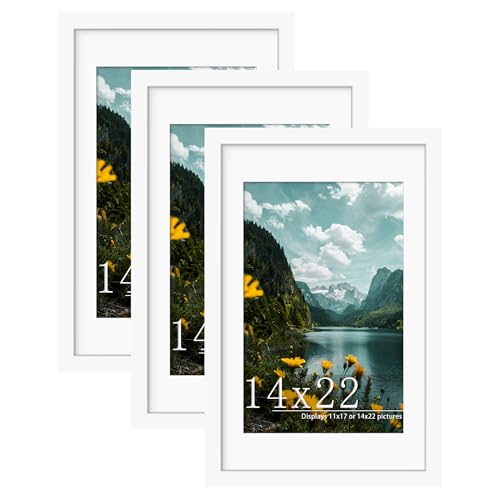 Picrit 14x22 Picture Frame 3 Pack, White Poster Frame, Display Poster 11 x 17 with Mat or 14 x 22 without Mat for Horizontal or Vertical Wall Mounting