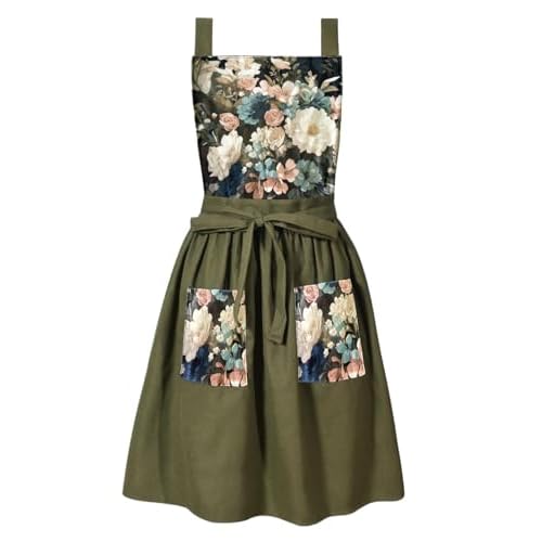 Vintage Apron Dress, Cute Kitchen Apron for Women with Pockets, Pinafore Apron for Cooking, Gardening, Baking Olive Green