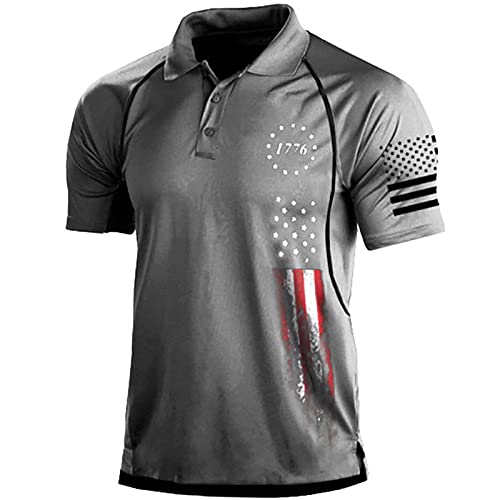 Rcessd Polo Shirts For Men American Patriotic Flag Shirt Summer Casual Short Sleeve Tops-050803Xy11 Grey #TOP12