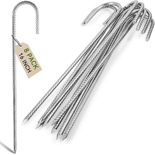 Graxury 8Packs 16inch Heavy Duty Trampoline Tents Anchor Ground Pegs - Galvanized Steel Rust-Proof J Hook Rebar Stakes Fit Trampolines Camp Garden Shed Swings with Chisel Point End