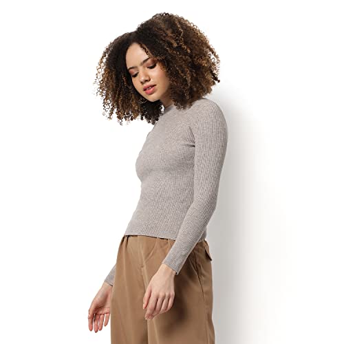 Image of PINACOLADA Women Greige Ribbed Regular Fit Sweater For Winter Wear | Round Neck | Full Sleeve | Woolen Sweater | Casual Jacket For Woman & Girl | Western Stylish Jacket For Women